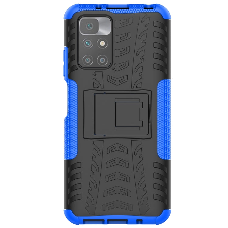 Blue shockproof case with tire-texture grip, rear camera cutouts, and holder mount