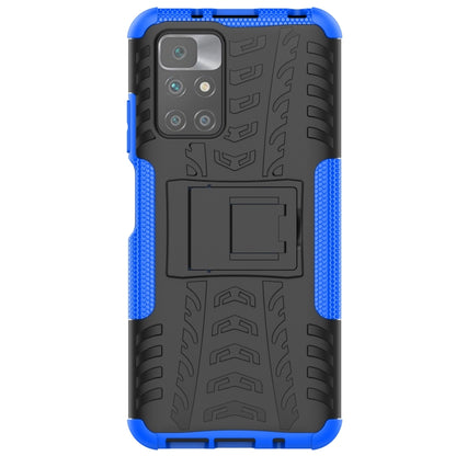 Blue shockproof case with tire-texture grip, rear camera cutouts, and holder mount