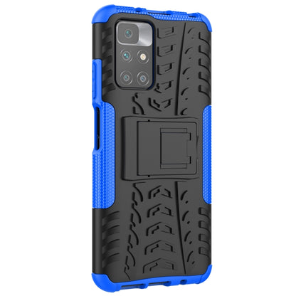 Blue shockproof protective case with tire tread texture, camera cutout, and holder