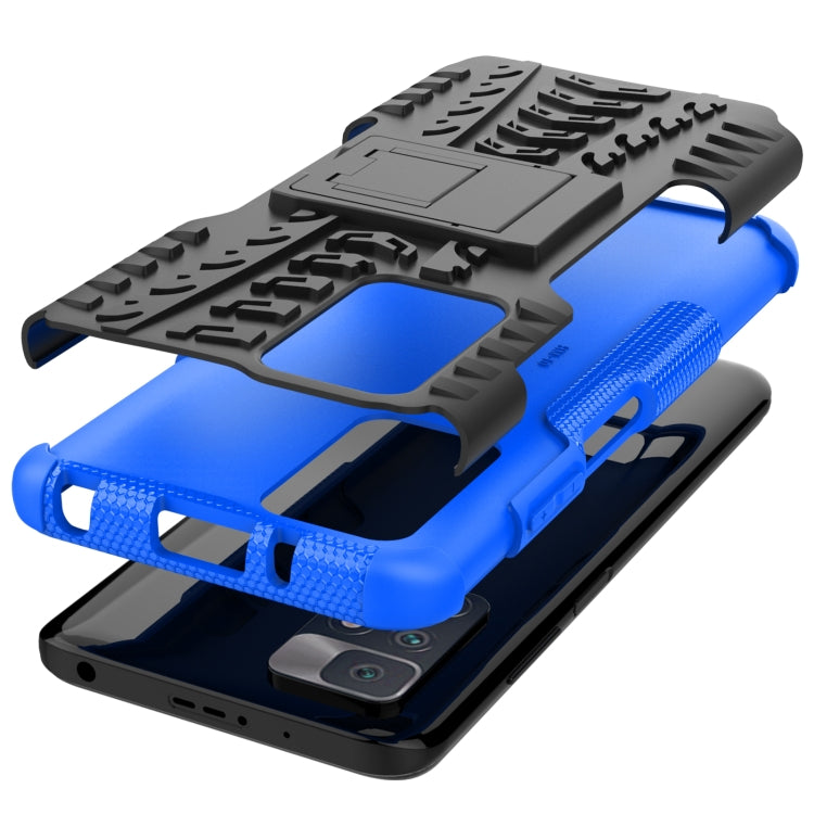Blue shockproof case with tire-texture grip, rear holder kickstand, and port openings