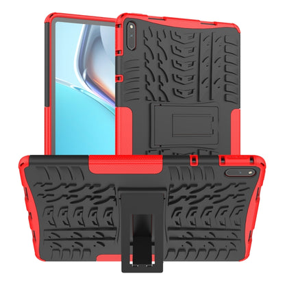 Red shockproof protective case with tire-texture grip, camera cutout, and built-in holder