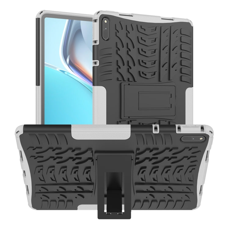 Shockproof tablet case with tire-tread texture, holder stand, white and gray