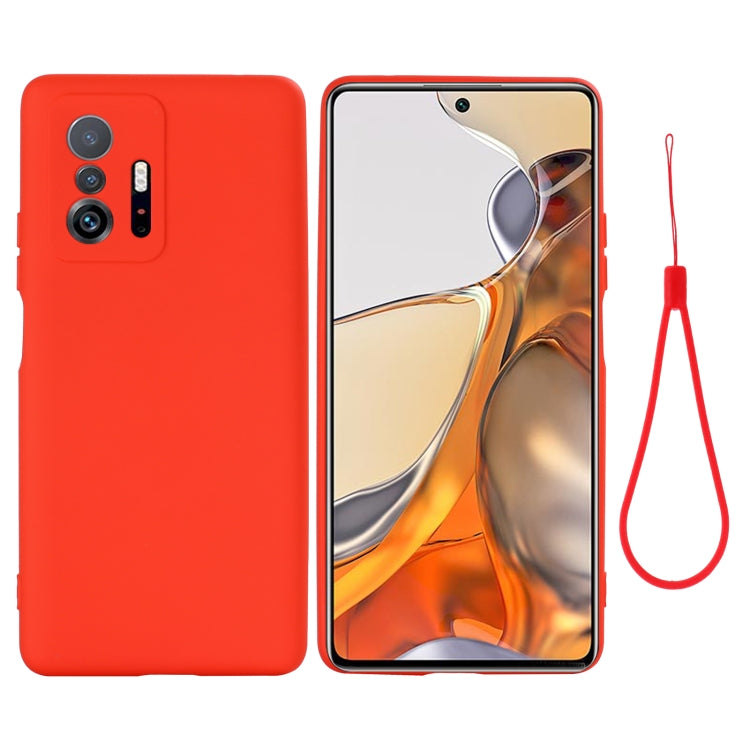 Red liquid silicone phone case with lanyard loop and camera cutouts
