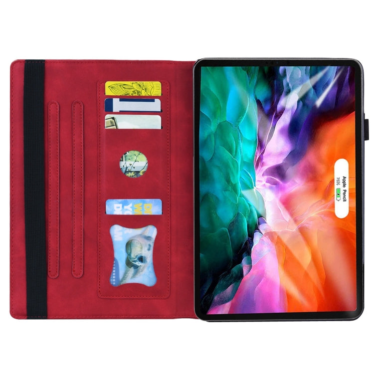 Red shockproof leather folio case showing card slots and tablet screen holder.