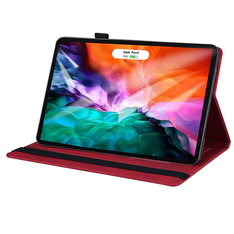 Red shockproof leather tablet folio case with kickstand holding screen in landscape.
