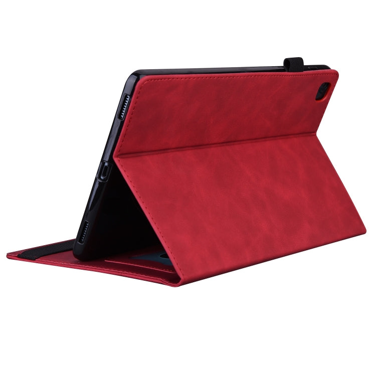 Red shockproof leather folio case opened as stand, padded tablet protection.