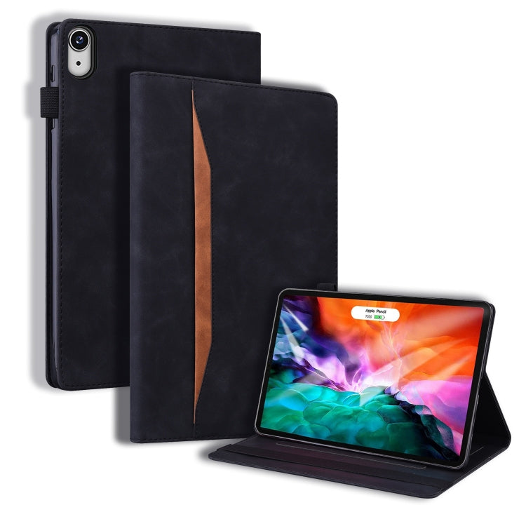 Black shockproof leather tablet case with folio cover and built-in stand.