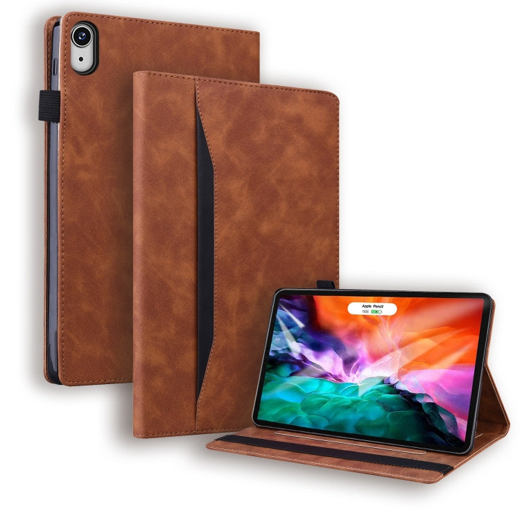 Brown shockproof leather tablet case with front folio cover and kickstand.