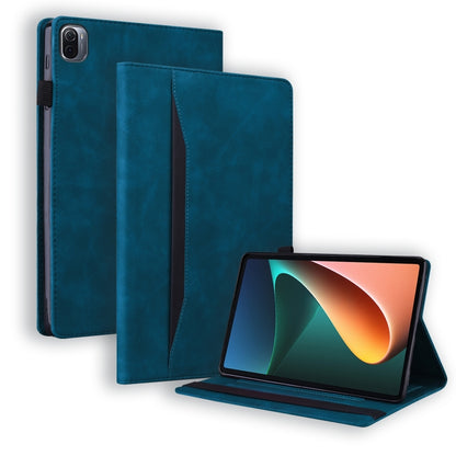 Blue leather folio case with shockproof protection and kickstand for tablet viewing.