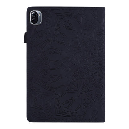 Black embossed leather tablet case with camera cutout and patterned back