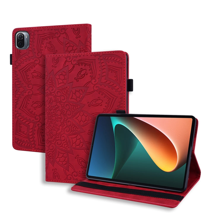 Red embossed leather folio case with stand and patterned cover flap