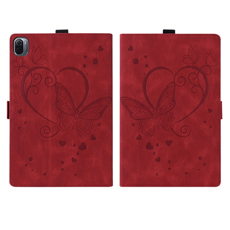 Red leather tablet flip case with embossed butterfly and heart pattern, two views