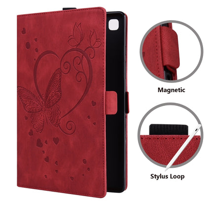 Red leather flip case with butterfly design, magnetic closure, and stylus loop