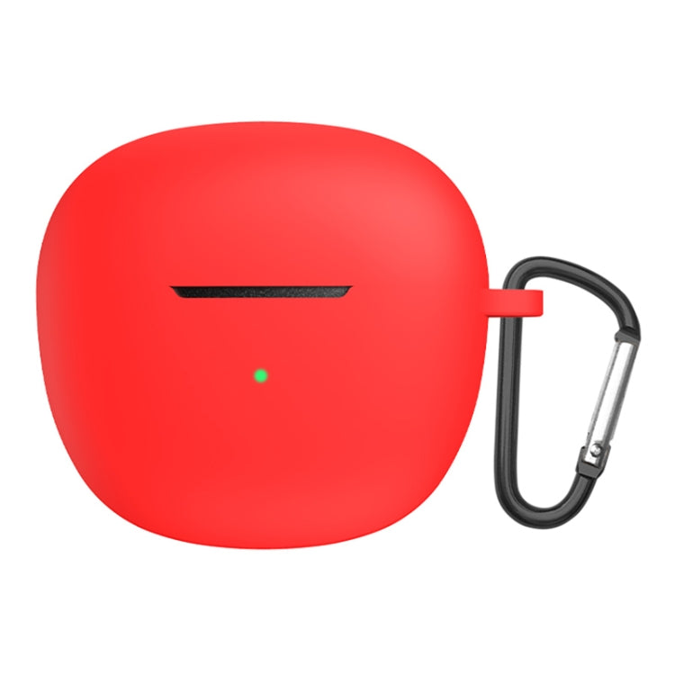 Red silicone earphone protective case with metal carabiner hook and charging cutout