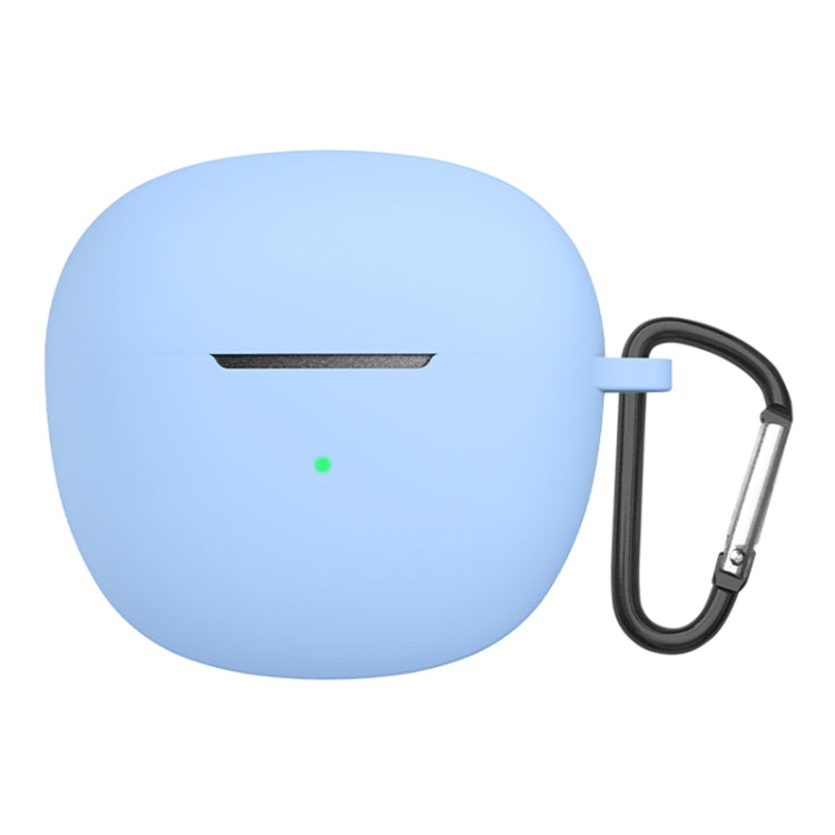 Sky blue silicone earphone protective case with metal carabiner hook and charging cutout