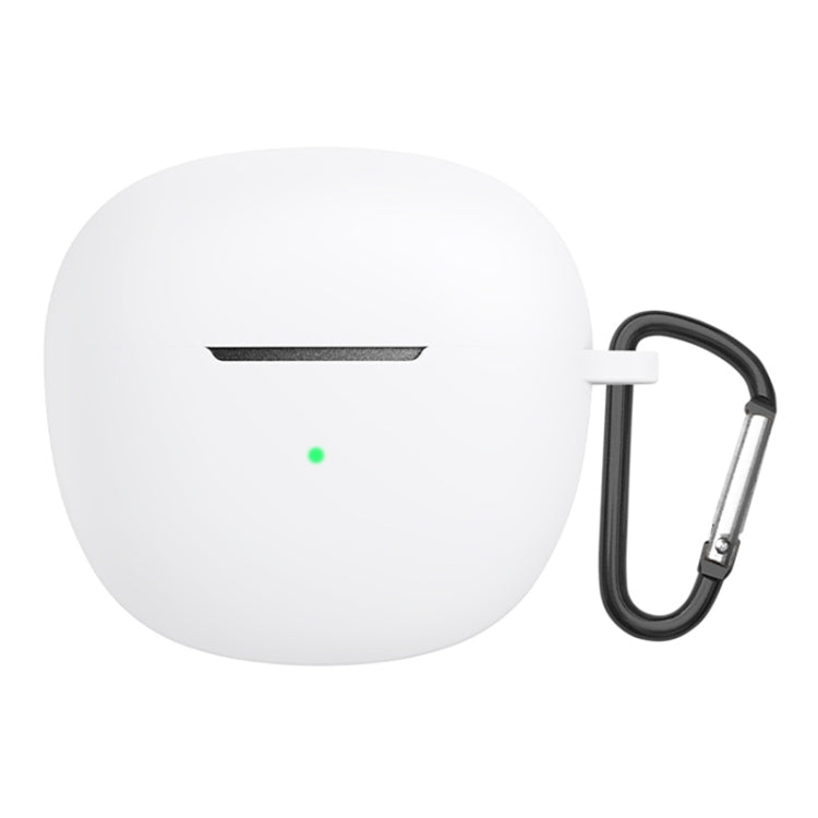White silicone earphone protective case with metal carabiner hook and charging cutout