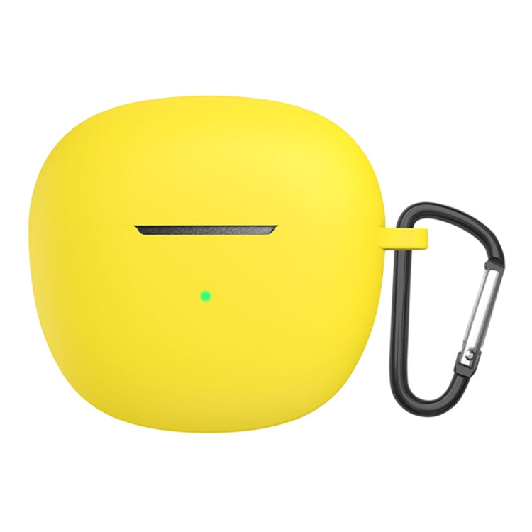 Yellow silicone earphone protective case with metal carabiner hook and charging cutout