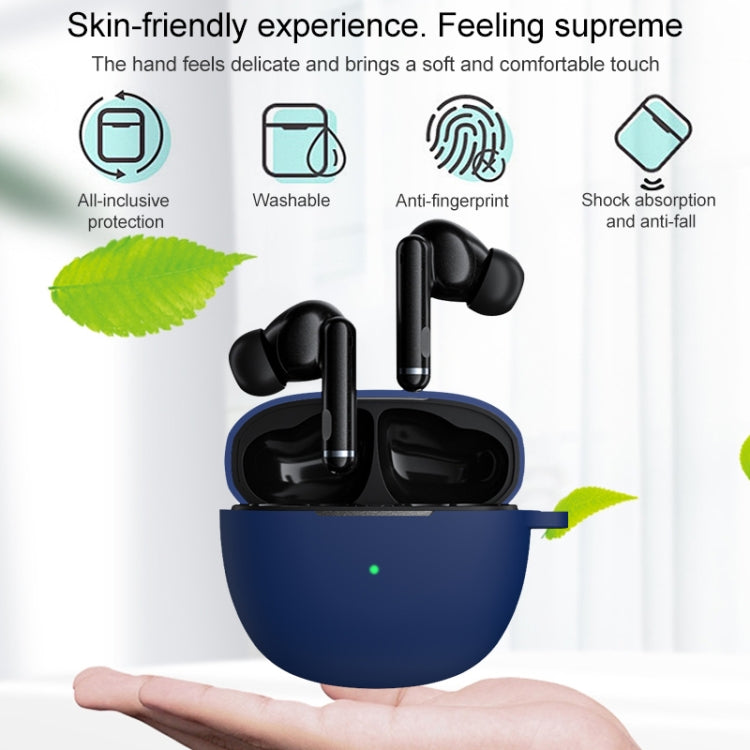 Blue silicone earphone case with hook, earbuds seated inside