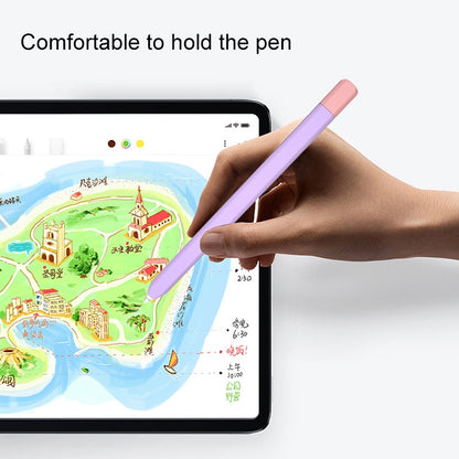 Purple stylus pen protective case held near tablet touchscreen for note input