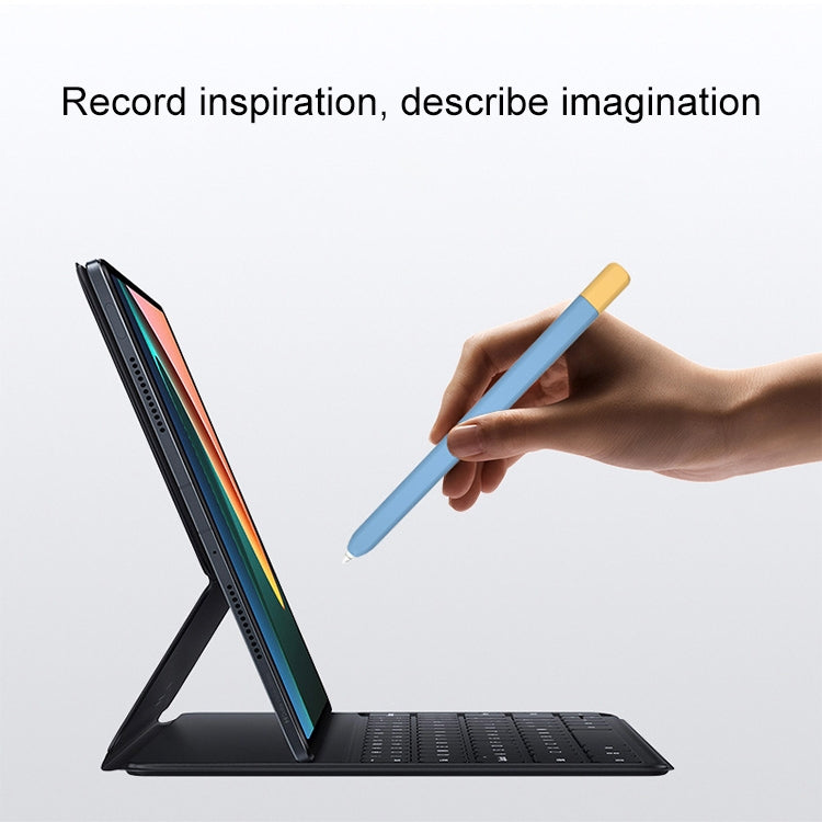 Blue stylus protective case with contrast colors, held to write on tablet
