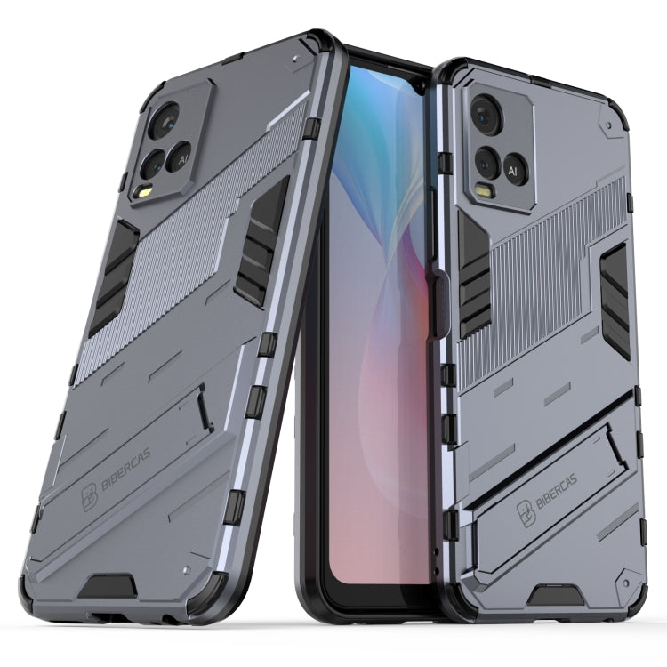 Shockproof phone case for vivo Y21, light gray with black armor panels and corner bumpers