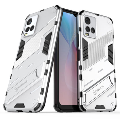 Shockproof phone case for vivo Y21, white armor design with black grips and raised edges