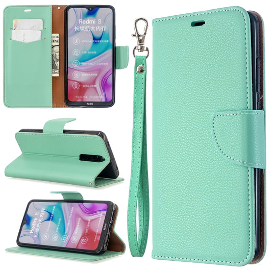 Green litchi PU leather flip phone case with card slots, wallet, lanyard
