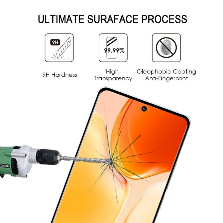Curved edge tempered glass screen protector on phone front with coating and hardness icons