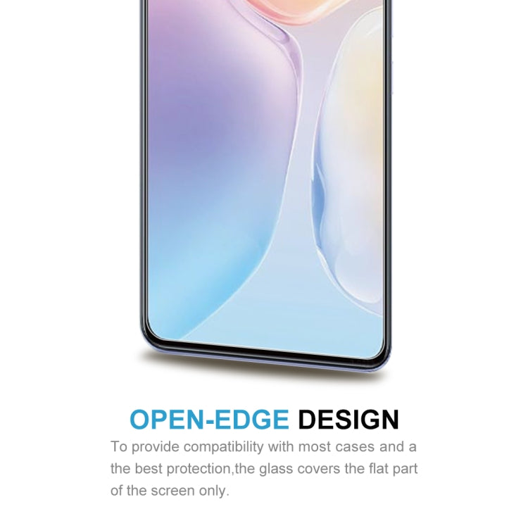 Tempered glass screen protector showing open-edge design for phone case compatibility