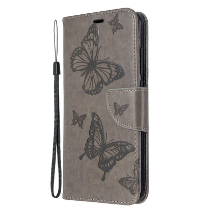 Gray butterfly embossed flip phone wallet case with card slot and lanyard strap