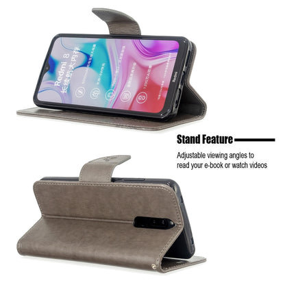 Gray butterfly embossed flip phone wallet case with stand and lanyard strap