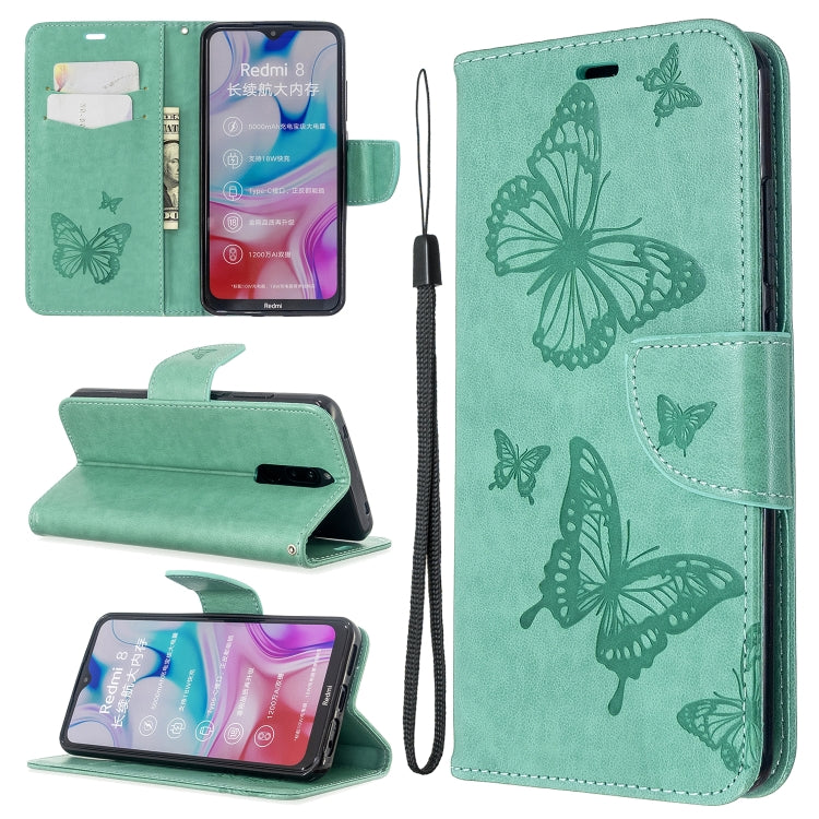 Green butterfly embossed flip phone wallet case with card slot and lanyard strap