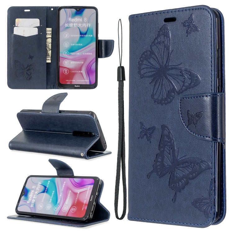 Dark blue butterfly embossed flip phone wallet case with card slot and lanyard strap