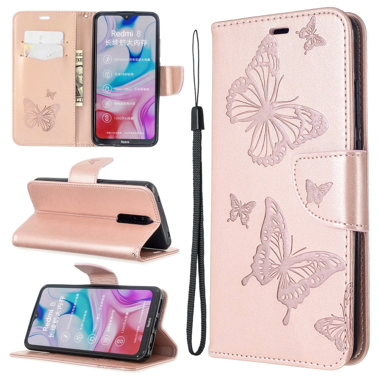 Rose pink butterfly embossed flip phone wallet case with card slot and lanyard strap