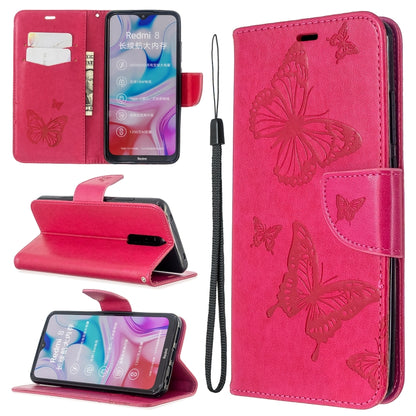Butterfly-embossed pink PU leather flip wallet case with card slots and strap