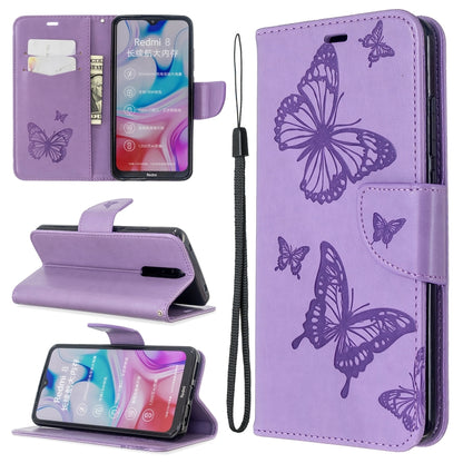 Butterfly-embossed purple PU leather flip wallet case with card slots and strap