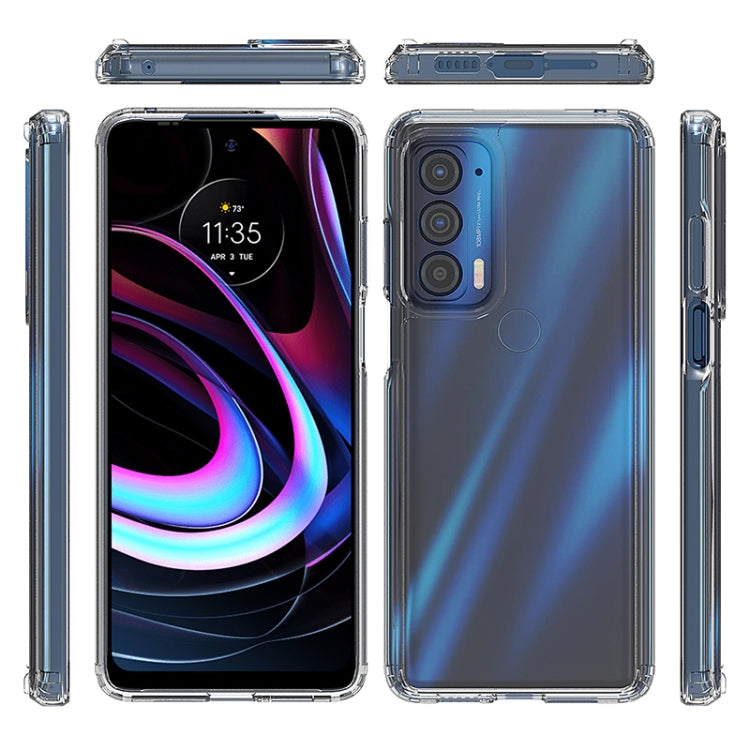 Clear phone case with side buttons and camera openings, shown front, back, and sides