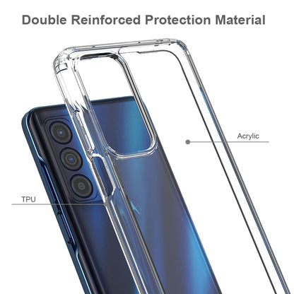 Clear rugged phone case with TPU and acrylic layers, raised camera and screen protection