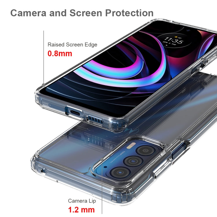 Transparent protective case with raised screen edge and camera lip, covers corners and buttons
