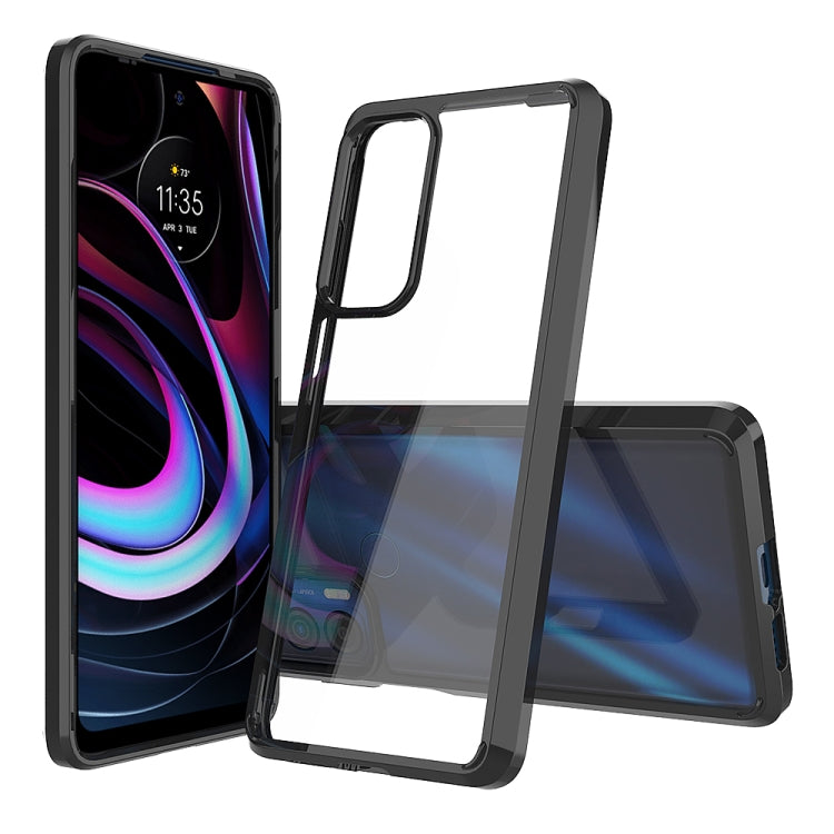 Clear phone case with black bumper edges, covering front and back with camera cutouts
