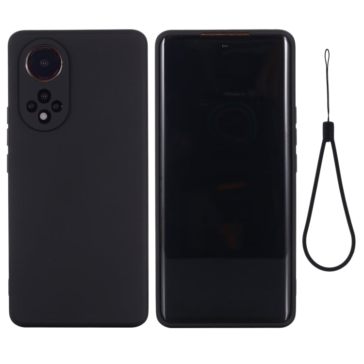 Black liquid silicone phone case for Huawei Nova 9 with raised camera cover and lanyard