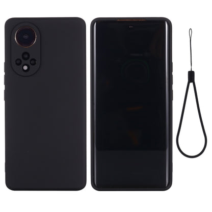 Black liquid silicone phone case for Huawei Nova 9 with raised camera cover and lanyard
