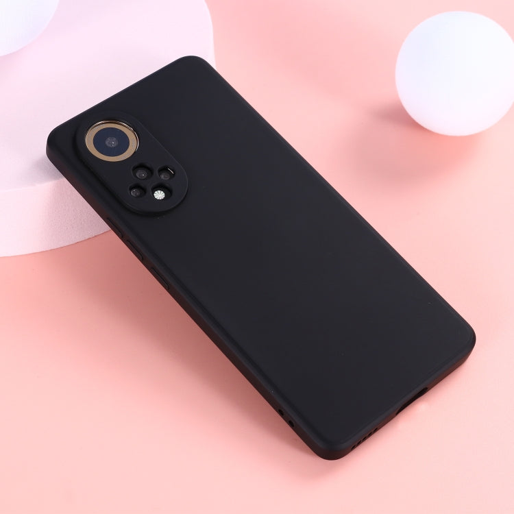 Black liquid silicone phone case for Huawei Nova 9, angled view of camera cutouts