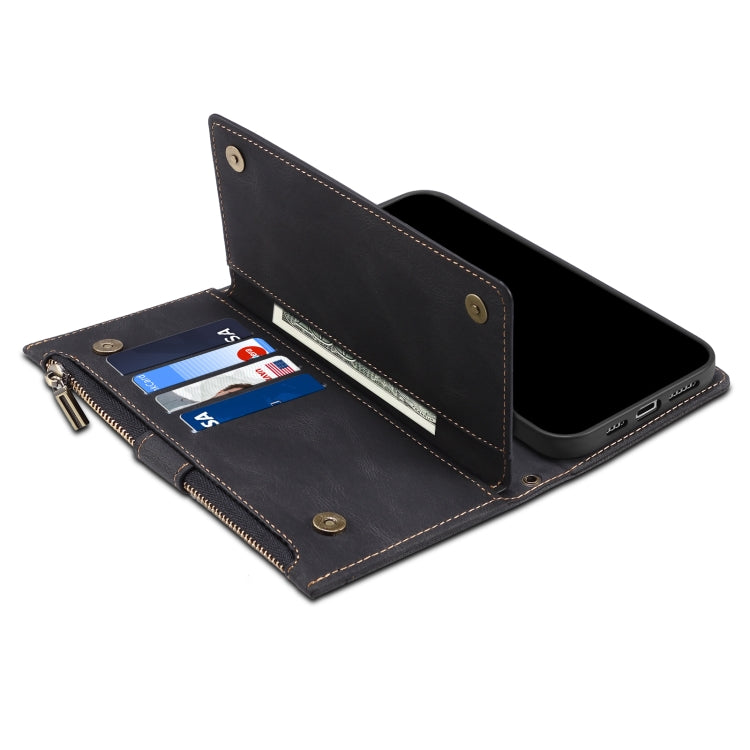 Black leather flip phone wallet with card slots, photo window, and zipper pocket