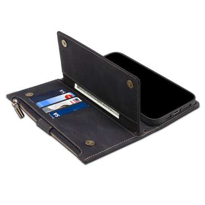 Black leather flip phone wallet with card slots, photo window, and zipper pocket