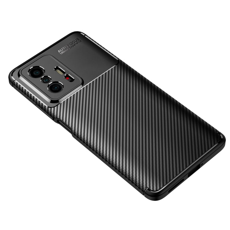 Black carbon fiber texture shockproof TPU phone case, angled view with side edges