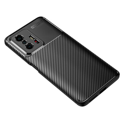 Black carbon fiber texture shockproof TPU phone case, angled view with side edges