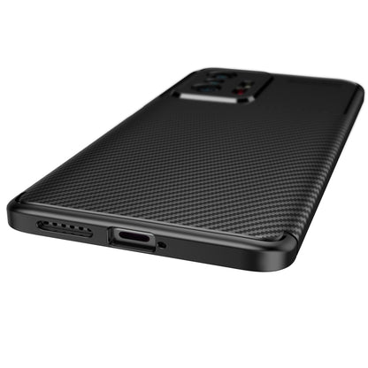 Black TPU phone case with carbon fiber texture, bottom ports and speaker cutout
