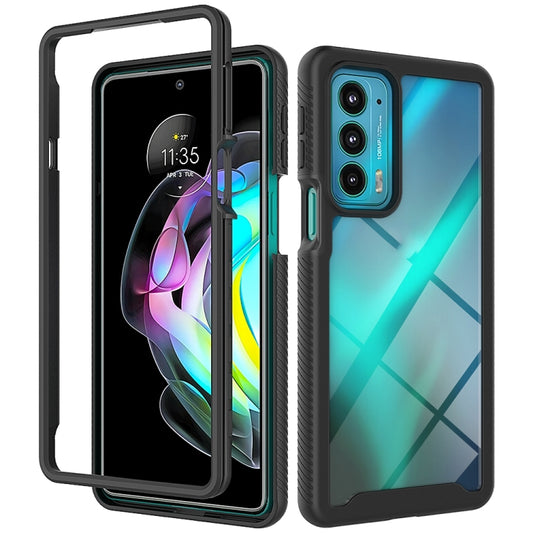 Shockproof phone protective case with black bumper and teal-blue geometric back