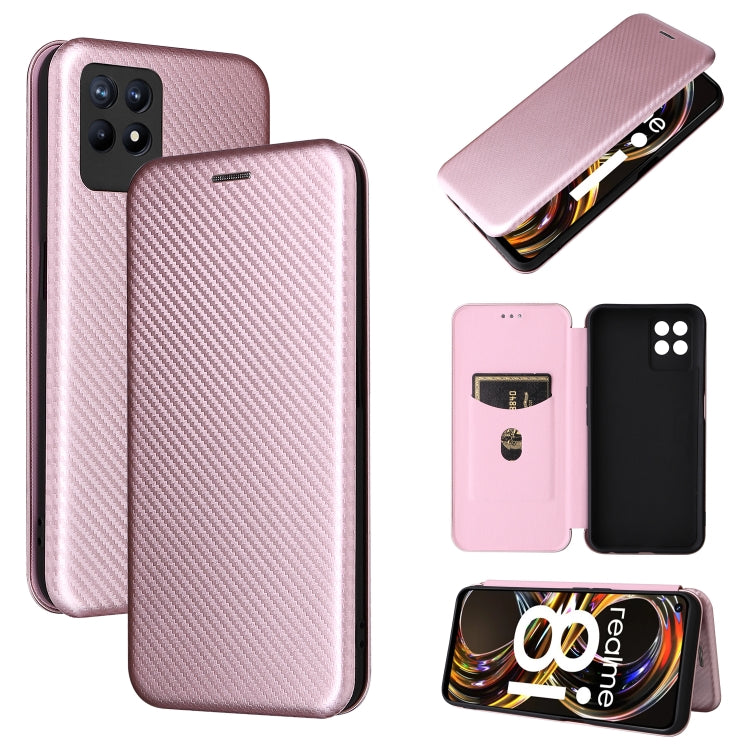 Pink carbon fiber texture magnetic flip phone case with card slot for OPPO Realme 8i